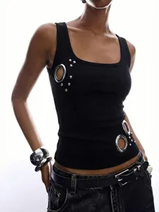 Ribbed tank top with metal grommets and cutout details for women street style summer wear.