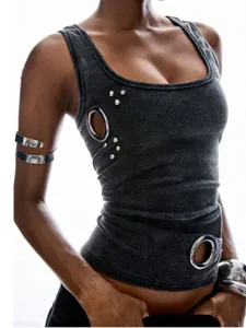 Dark grey ribbed tank top featuring metallic grommets, unique ring cutouts and studs.