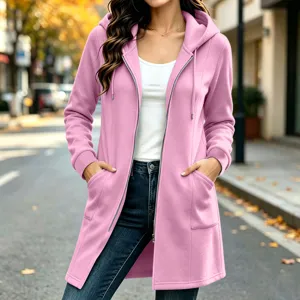 Women long fleece zip hoodie casual solid color autumn winter outerwear pocket coat
