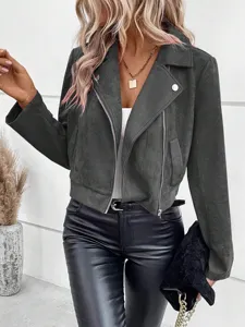 Detailed view of women dark grey faux suede cropped moto jacket with chic lapel and zipper.