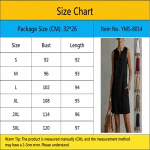 Size chart and measurements for women casual sleeveless linen button dress sizes S to 3XL