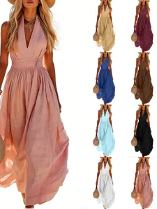 Robe Maxi pour Femmes Col en V Sans Manches en Polyester Élégante Couleur Unie Patchwork Robe Longue d'Été pour Femmes