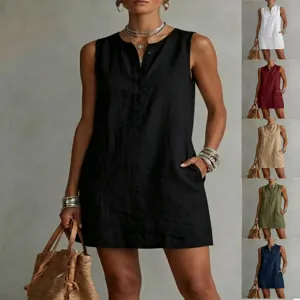 Women casual linen sleeveless button dress solid color summer pocket beach midi dress chic