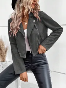 Womens winter slim short faux suede biker jacket with lapel and zip design for daily wear.