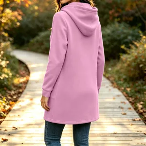 Women long hooded sweatshirt fleece jacket casual solid color loose fit autumn outerwear pocket