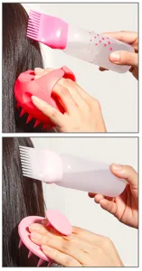 Set de cepillo de masaje para el cuero cabelludo y botella exprimible para teñir el cabello.