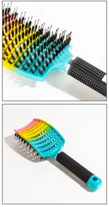 Large curved vent hair brush with colorful rainbow back and boar bristles for daily massage.