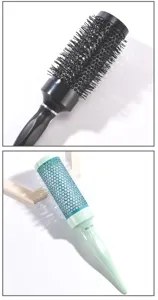 Dettaglio spazzola rotonda professionale per capelli, design cilindrico per asciugatura.