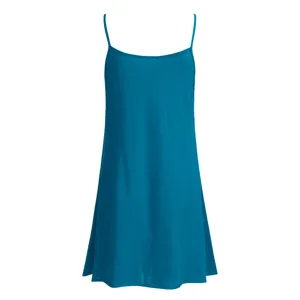Close-up detail of the teal slip dress fabric and elastic strap design features nicely.