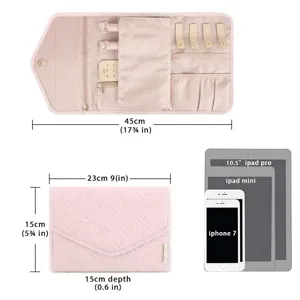 Portable travel jewelry organizer bag pink folding necklace earring storage case with size guide.