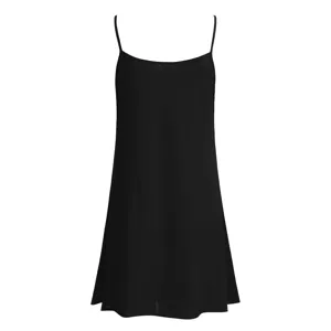 Black camisole dress strap detail featuring stretch comfort fabric and relaxed A-line fit.