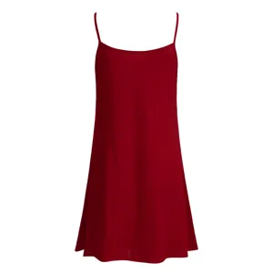 Red camisole dress fabric detail, soft stretch material, comfortable slim strap design.