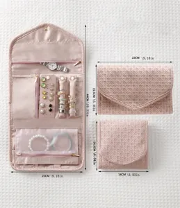 Pink woven faux leather roll up jewelry organizer travel portable storage bag with multi compartments