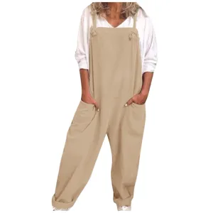 Casual khaki overall jumpsuit for women, loose fit straight leg trousers with pockets.