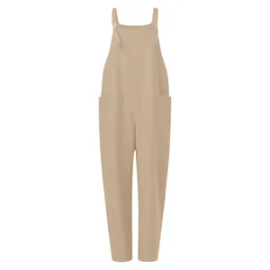 Khaki casual loose jumpsuit detail view, featuring comfortable straps and side pockets for daily wear.