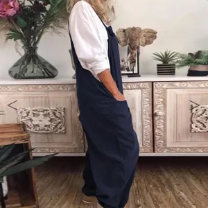 Solid color loose overalls women casual long pants and white long sleeve top set.