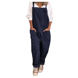 Women casual solid color loose overall jumpsuit detail view comfortable cotton daily wear