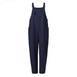 Women solid color casual overall jumpsuit with straps and pockets, comfortable daily wear style.