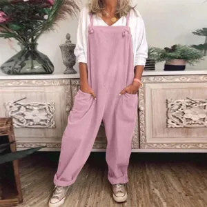 Women's solid color casual loose overalls jumpsuit, comfortable everyday wear fashion apparel.
