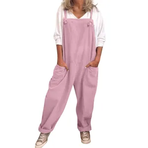 Pink casual loose overalls for women stylish pocket dungarees matched with white long sleeves
