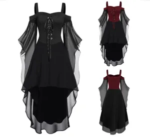 Gothic cold shoulder sheer sleeve irregular hem dress detail view, elegant dark style apparel.