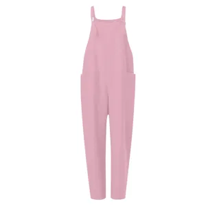 Pink casual jumpsuit detail view, loose pocket overalls design, comfortable soft fabric
