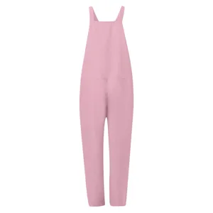 Women's solid pink casual overall trousers, comfortable loose fit long jumpsuit detail view.