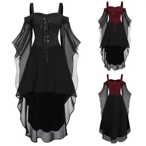 Gothic irregular long sleeve dress with lace-up front and stylish asymmetrical hem design.
