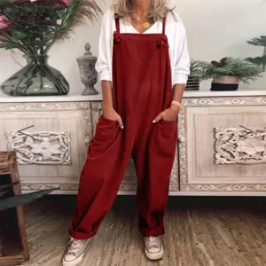 Detail view of a stylish solid color loose casual overalls jumpsuit for women, comfortable daily wear.
