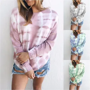 Women Casual Long Sleeve Crew Neck Tie Dye Gradient Print Sweatshirt Fashion Loose Pullover Top Polyester