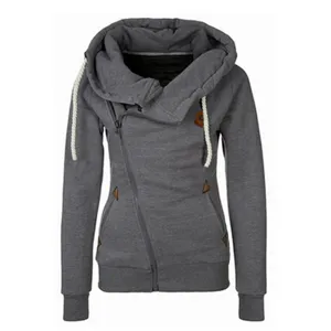 Women's asymmetric zip up hoodie with cowl neck and thick drawstrings, casual grey sweatshirt.