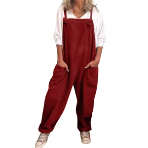 Close-up view of the casual red baggy overalls with large side pockets and adjustable straps.