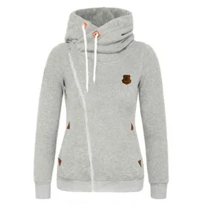 Grey asymmetrical zip up hoodie for women with high collar, cozy long sleeves and drawstrings.
