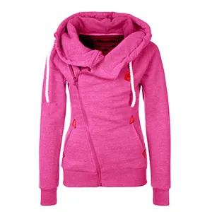 Detailed view of women pink asymmetric zip-up hoodie featuring cowl neck and white drawstrings.