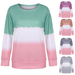 Details of the gradient tie-dye long sleeve crewneck sweatshirt with multiple color variants.