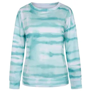 Teal tie-dye long sleeve crewneck sweatshirt detail, casual gradient pullover top.