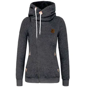 Women fleece hoodie asymmetrical zipper cowl neck sweatshirt with patches dark grey