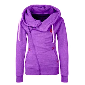 Women heather purple asymmetric zip up hoodie with oversized cowl neck and thick drawstrings