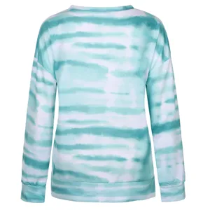 Teal white tie-dye gradient long sleeve crewneck sweatshirt back detail view style.