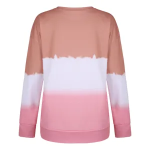 Women's gradient long-sleeve crewneck sweatshirt, pink and white color block casual top detail.