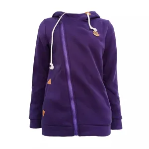 Women asymmetric zip up hoodie deep purple casual outerwear with cool white drawstrings.