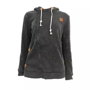 Women asymmetrical side zipper hoodie dark grey sweatshirt with drawstring and pockets.