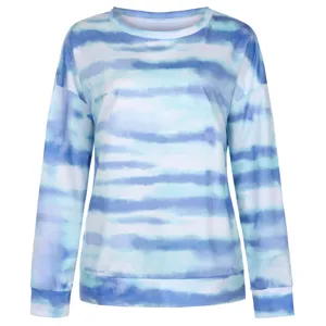 Women's blue tie dye long sleeve crewneck sweatshirt, casual gradient pullover top.
