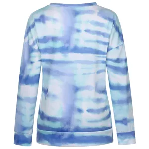 Detailed back view of the casual blue gradient tie-dye long sleeve sweatshirt top item.