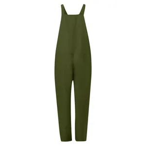 Women casual solid color overall long pants detail view showing the green jumpsuit design.