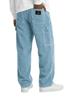 Men's light blue corduroy straight pants back pocket label detail casual trousers streetwear