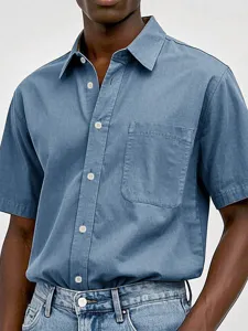 Men's Casual Cotton Short Sleeve Shirt Basic Solid Color Turn-Down Collar Button Down Shirt With Pocket