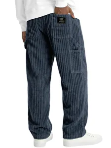 Men corduroy casual pants detail back view, vintage style ribbed fabric with pocket label.