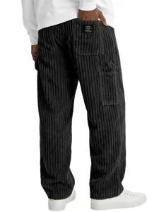 Mens corduroy casual pants straight leg baggy retro style multi pocket trousers black