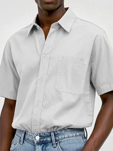 Men washed cotton short sleeve shirt with chest pocket and button closure detail view